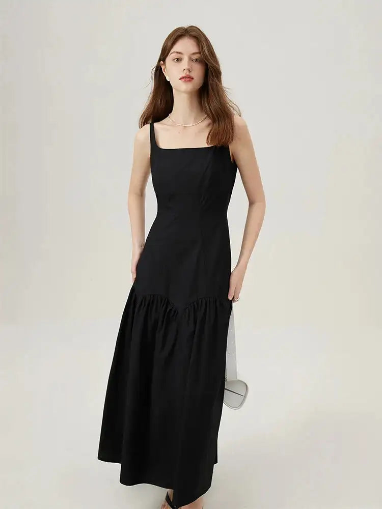 FSLE French White Suspender Long Dress 100% Cotton 2024 Summer New Loose Temperament Ankle-Length Female Dresses 24FS12048
