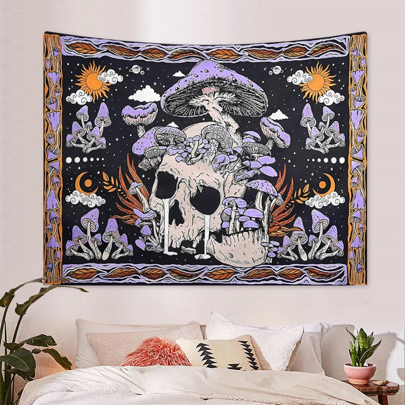 1pc Skeleton mushroom pattern tapestry, moon sun mandala tapestry, room decoration wall hanging Lootquake LLC