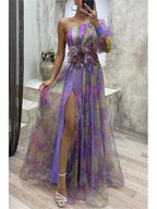 Elegant Oblique Shoulder Single-sleeve  Zipper High Slit Mesh Long Dress For Women Fashion Flower Decoration Party Dress Female