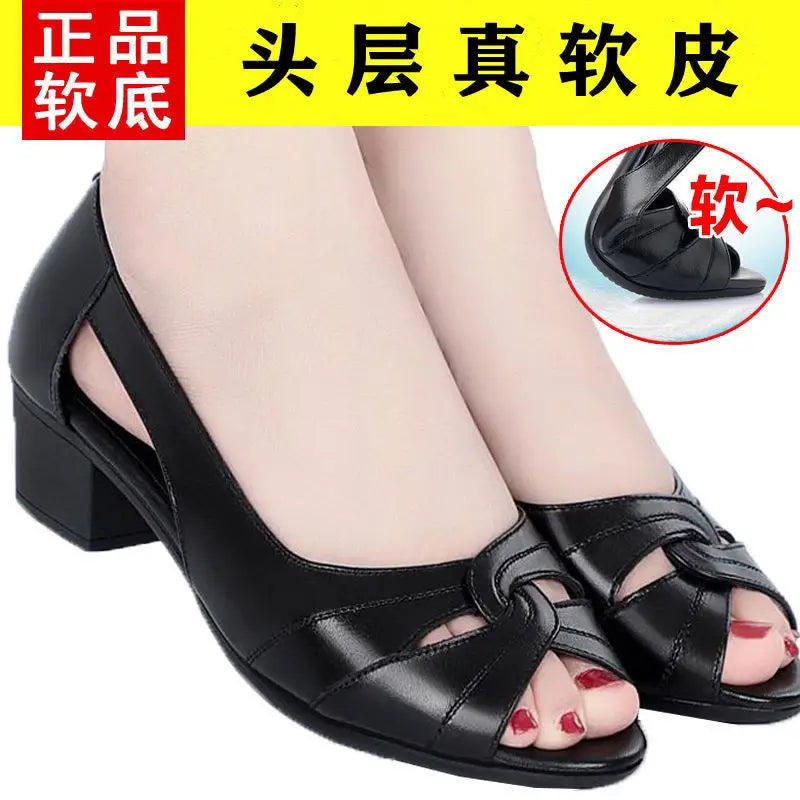 Black Peep Toe Mid Heel Sandals Women's Pumps Square Heel Soft Sole Leather Work Shoes Simple Casual Summer Hollow Out Lootquake LLC