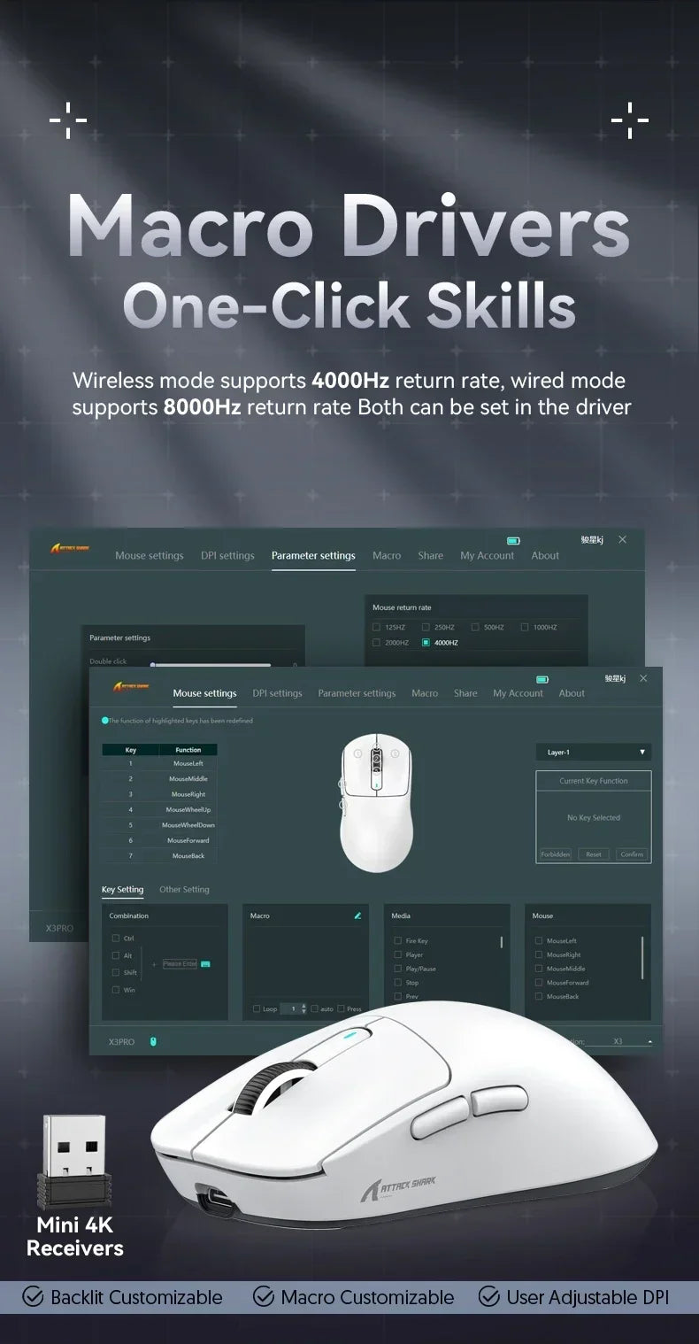 Attack Shark X3Pro Wireless  Gaming Mouse PixArt PAW3395 26000dpi Bluetooth Optical Mouse Tri-Mode Connection Macro Gaming Mouse Lootquake LLC