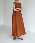 2022 Minimalist Chic Loose Swing Sleeveless Mid-length Casual Cotton Linen Long Dress  Round Neck High Waist Women Runway Dress