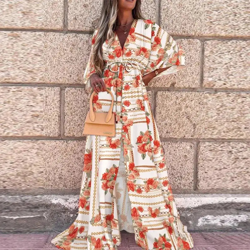 2023 Women Gorgeous Boho Print Maxi Beach Dress Summer Deep V Slit Elastic Waist Party Dress Elegant Holiday Long Dress Vestidos
