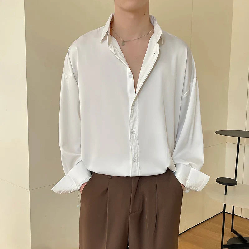 White Long Sleeved Shirt Men Oversized Fashion Social Mens Dress Shirt Korean Loose Ice Silk Shirt Mens Office Formal Shirts Lootquake LLC