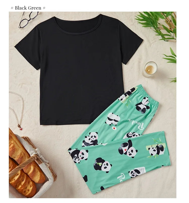 Women's Sleepwear Cozy Heart Print Relaxed Fit Pajama Set Short Sleeve Tee Top & Pants Nightwear 2 Piece Pyjama for All Seasons Lootquake LLC