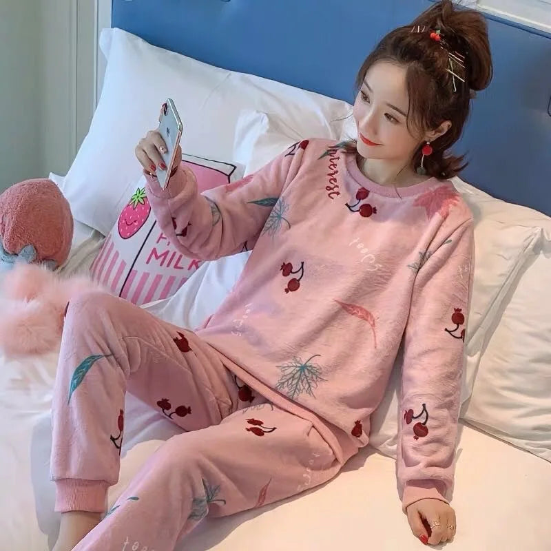 Thickened Warm Sleepwear for Winter Plus Size Padded Flannel Long Sleeve Student Pajamas Loungewear Two Piece Nightwear Homewear Lootquake LLC