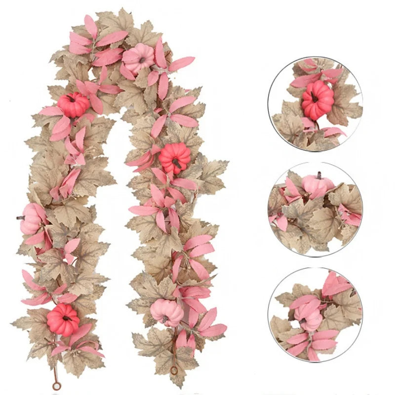 Halloween Thanksgiving Pink Decorations Artificial Fall Maple Leaves Garland Autumn Hanging Pink Pumpkins Flowers Berries Rattan Lootquake LLC