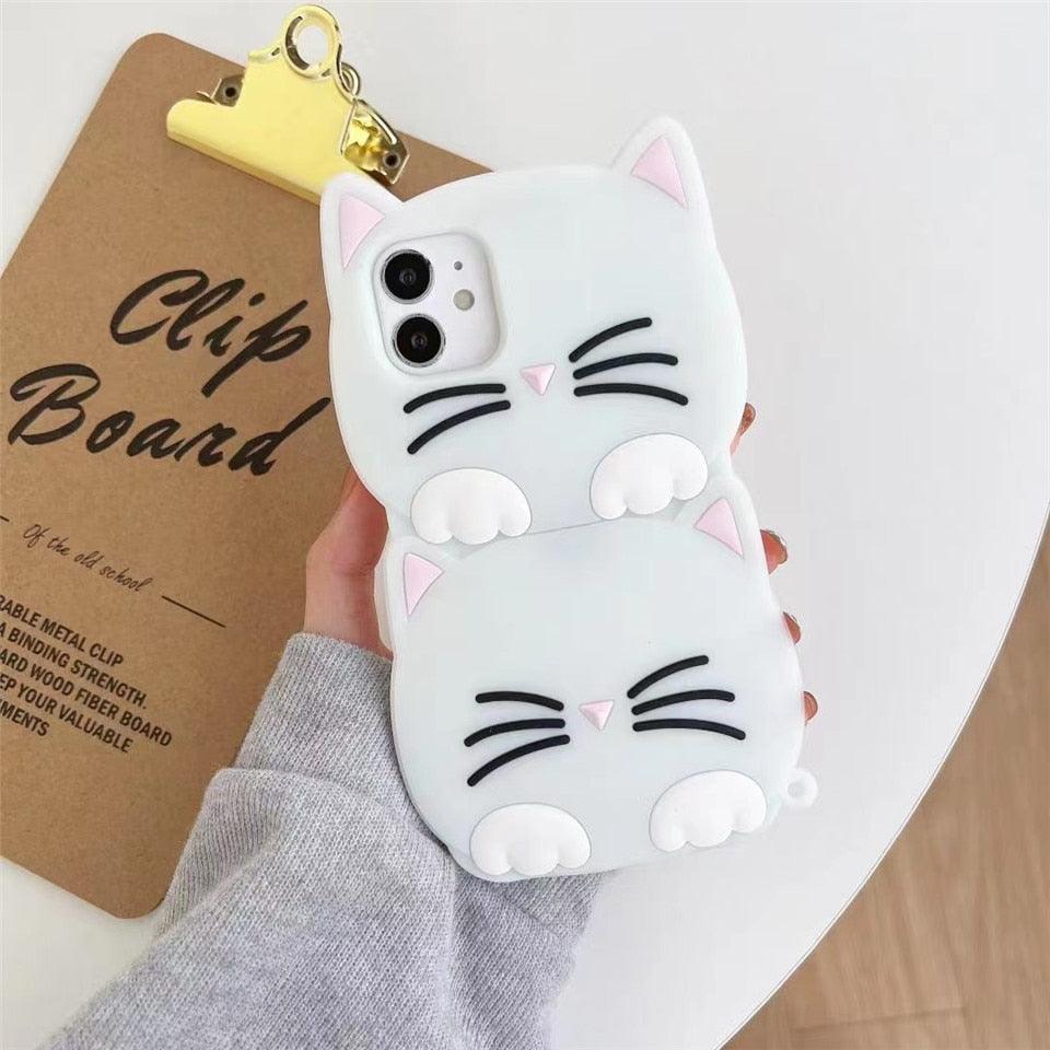 3D Cartoon Cute Cat Ear Phone Case For Iphone 12 13 11 Pro Max X Xr Xs Max 7 8 6 6s Plus Se 2020 Lucky Cat Cartoon Silicone Cat Phone Case Stevvex