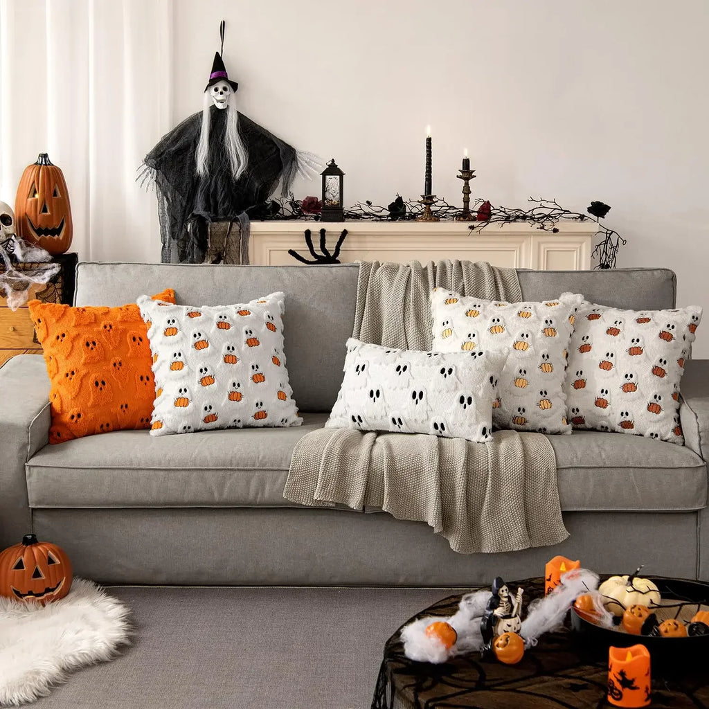 Halloween Decor for Bedroom Bed Living Room Sofa Cushion Cover White45X45CMCute Ghost Pumpkin Plush Faux Fur Pillow Covers Soft Lootquake LLC