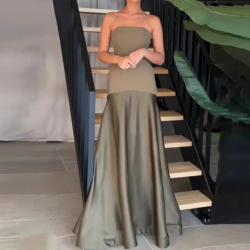 Casual Patchwork Pleated Robe Dresses Ladies Fashion Strapless High Waist Banquet Dress Sexy Hollow Off Shoulder Slim Long Dress