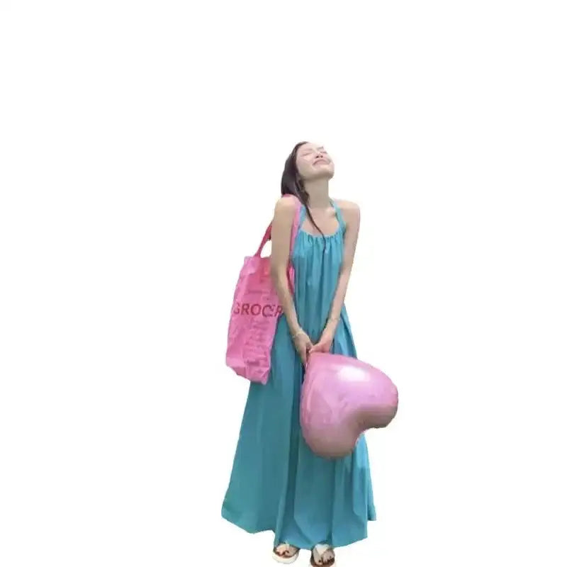Summer Vacation Dress Thailand Style Open-back Halter Neck Age-reducing Photography Beach Long Dress Belted