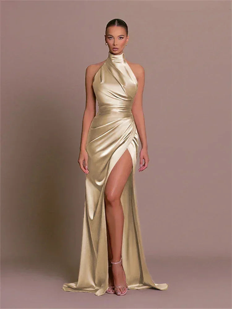 Ladies Summer Satin Evening Birthday Party Dresses Women Sleeveless Backless Halter Side Slit Elegant Long Dress Mowan Clothes