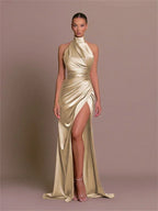 Ladies Summer Satin Evening Birthday Party Dresses Women Sleeveless Backless Halter Side Slit Elegant Long Dress Mowan Clothes