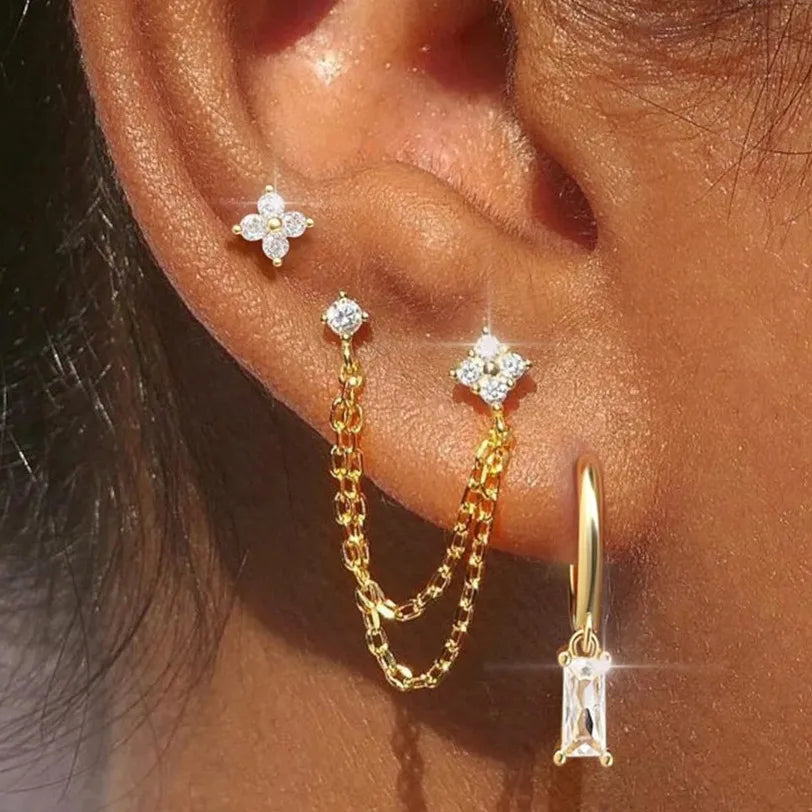 3PCS New Fashion Four Zircon Flower Hoop Earring Set For Women Stainless Steel Double Stud Chain Tassel Huggie Piercing Jewelry Lootquake LLC