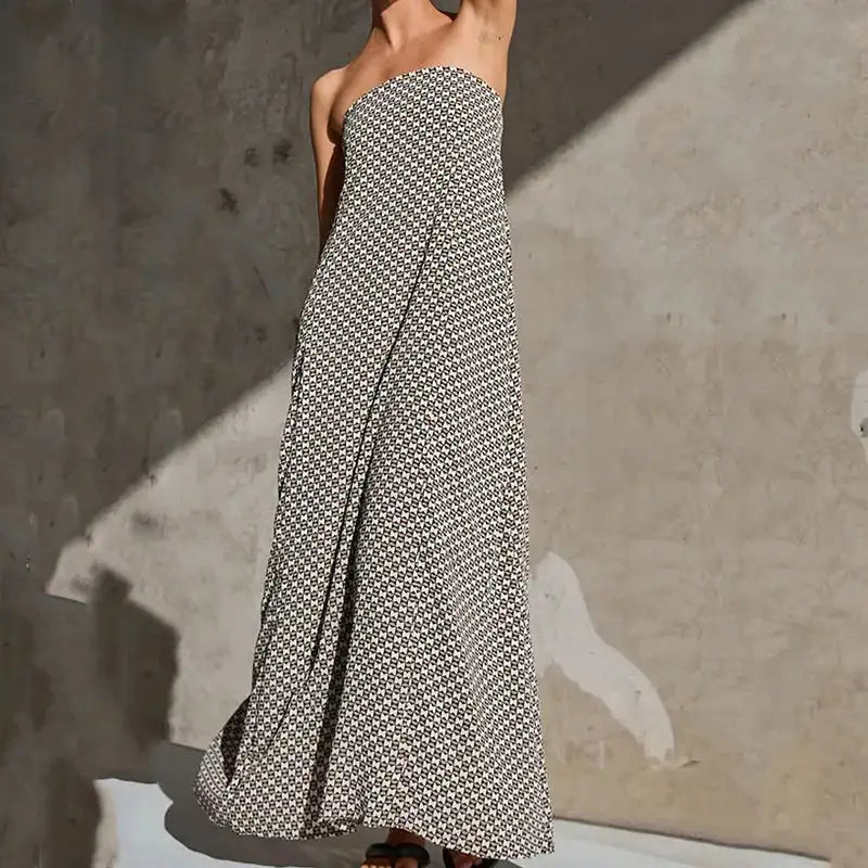 Fashion Strapless High Waisted Long Dress Women Casual Off Shoulder Pleated Bohemian Dress Elegant Pattern Printed Holiday Dress