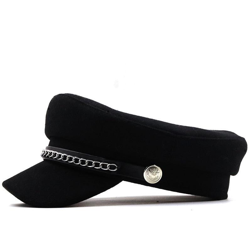 Elegant Winter Chain Black Military Berets For Women Female Flat Army Cap Women's Octagonal Beret Cap Luxury Beret Hat Girl Travel Berets Ladies Comfortable Autumn Cap Stevvex
