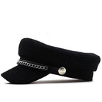 Elegant Winter Chain Black Military Berets For Women Female Flat Army Cap Women's Octagonal Beret Cap Luxury Beret Hat Girl Travel Berets Ladies Comfortable Autumn Cap Stevvex