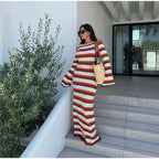 Striped Knitted Long Dress Women O-neck Backless Hollowed Out Long Sleeves Lady Bodycon Dress 2024 Spring Summer Vacation Robe