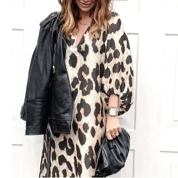 Autumn Women's Long Leopard Print Dress New Long V-neck Loose Lantern Sleeve Leopard Print Dress Long Dress