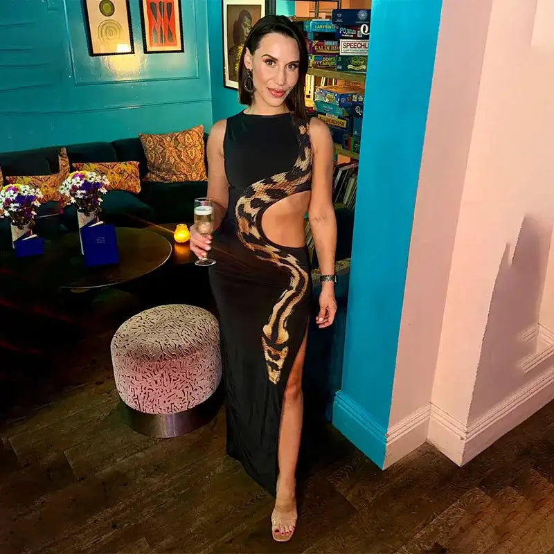 Tossy Python Printed Hollow Out Maxi Dress Female Slim Sexy Side Split Sleeveless Contrast Summer Party Dress Women's Long Dress