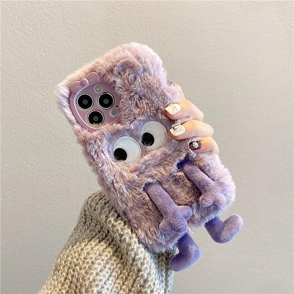 3D Cute Hairy Fluffy Fur Plush Winter Warm Phone Case For iPhone 14 13 12 11 Pro Max Plus Soft Cartoon Back Cover  Cute Fuzzy Furry Case Fashion Luxury Case Stevvex