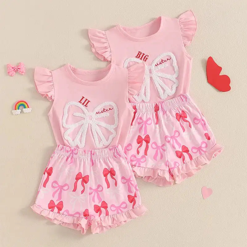Cute Matching Baby Toddler Brother Outfit Bow Fly Sleeve Tops Elastic Waist Ruffle Shorts 2 Piece Summer Set for Siblings