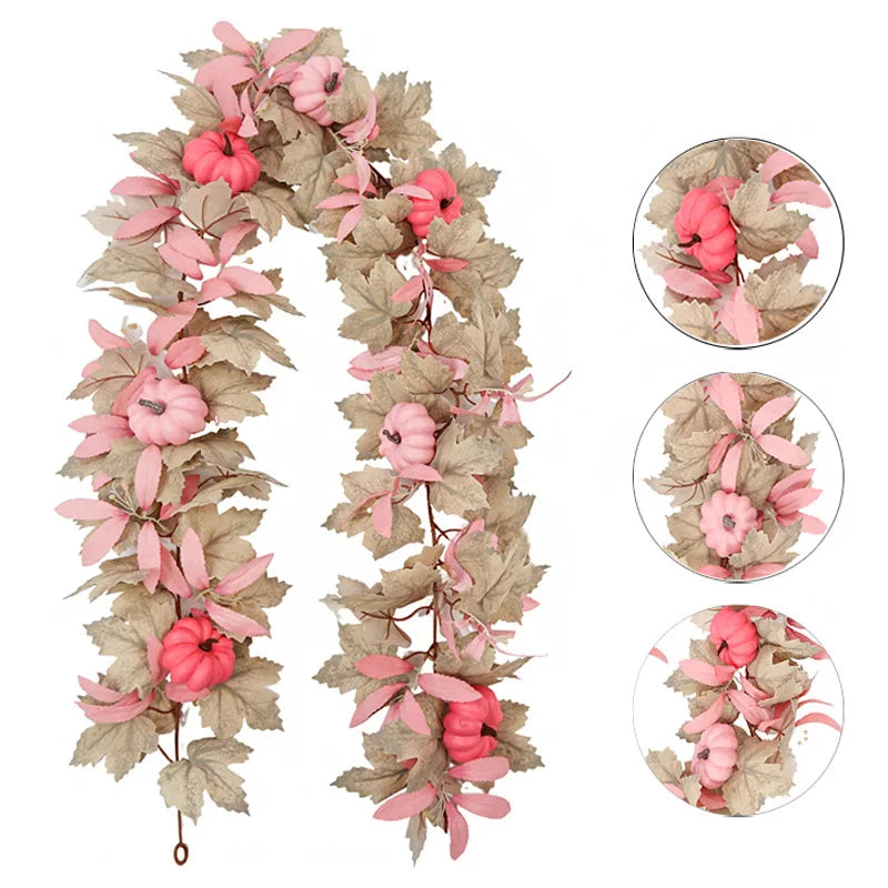 Halloween Thanksgiving Pink Decorations Artificial Fall Maple Leaves Garland Autumn Hanging Pink Pumpkins Flowers Berries Rattan Lootquake LLC