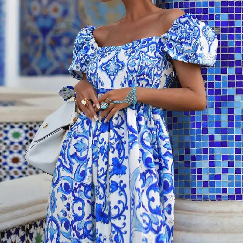 Fashion Temperament Slash Neck Bohemian Printed Maxi Dress New Women Elegant High Waist A-Line Long Dress Sexy Loose Party Dress