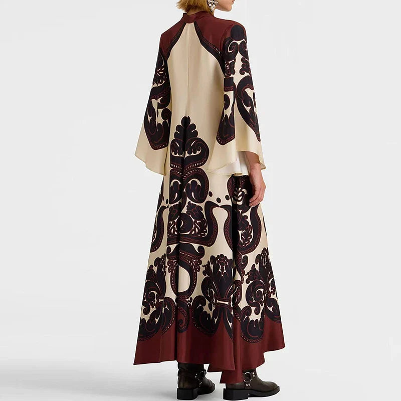 Ethnic Vintage Pattern Print Muslim Women Dresses Spring V Neck Lace-up Loose Long Dress Autumn 3/4 Flare Sleeve Boho Maxi Dress Lootquake LLC