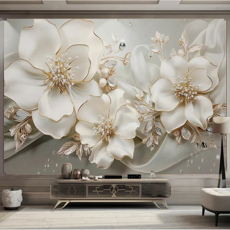 Custom Large Size Modern Wallpaper 3D Embossed Flowers Jewelry Mural Paper TV Background Wall Living Room Decor Home Improvement Lootquake LLC
