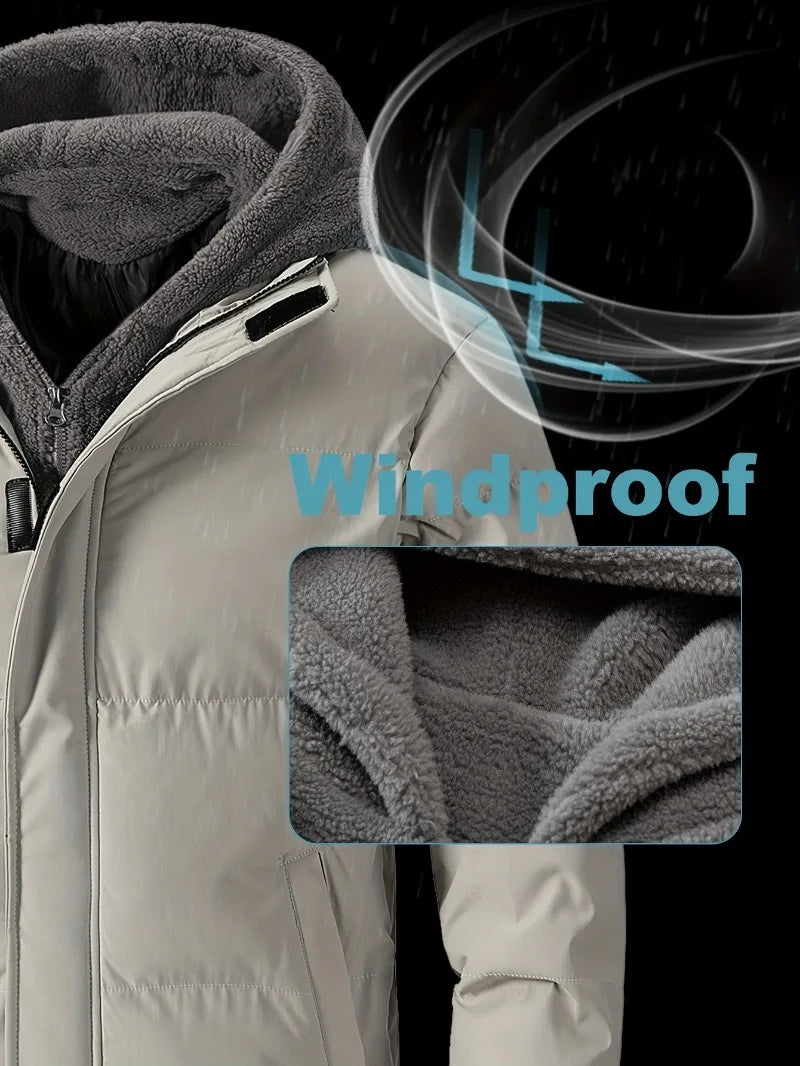 Winter Windproof Men's Faux Jacket Casual Polyester Coat with Detachable Hood Zip-Up Front Long Sleeves & Pockets Winter Clothes Pi-Mart