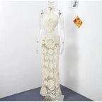 Fashion Hollow Out Halter Maxi Dress For Women 2024 Sexy Sleeveless Backless Long Dress Holiday Hook Flower Knitted Beach Robe