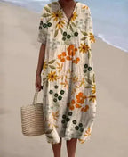 Casual Short Sleeved V-neck Big Swing Dress 2024 New Women's Loose Printed Long Dress Female Retro Flower Print Pullover Dresses