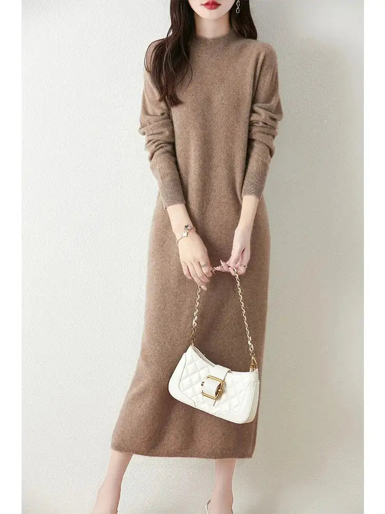 Autumn Winter Women's Wool Long Dress Cashmere Mock Neck Pullover Sweater 100% Merino Wool Soft Knitwear OL Simple Basic Dress Lootquake LLC