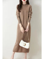 Autumn Winter Women's Wool Long Dress Cashmere Mock Neck Pullover Sweater 100% Merino Wool Soft Knitwear OL Simple Basic Dress Lootquake LLC