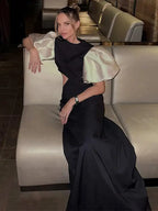 Elegant Puff Sleeve Long Dress For Women 2025 Sexy Hollow Out Waist Evening Party Dresses Female Vacation Lady Chic Beach Robe