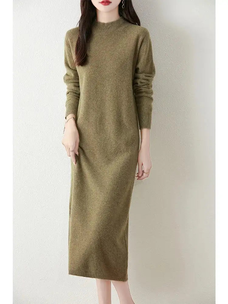 Autumn Winter Women's Wool Long Dress Cashmere Mock Neck Pullover Sweater 100% Merino Wool Soft Knitwear OL Simple Basic Dress Lootquake LLC