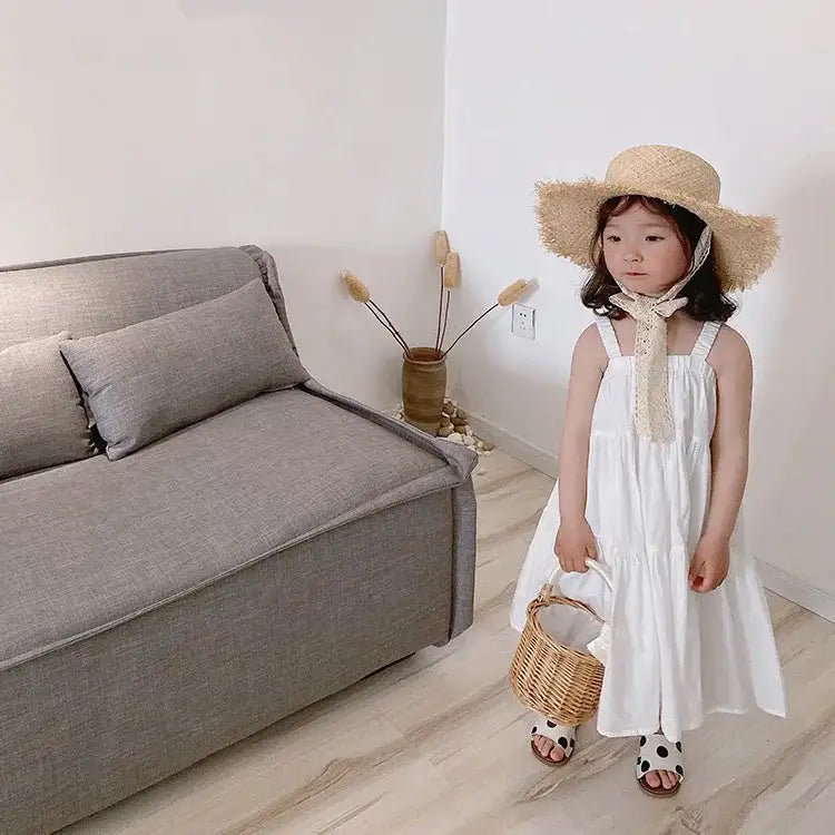 Girls Cotton Solid White Dress Ruffles Kids Strap Dress Summer Sleeveless Toddler Baby Long Dress Girl Clothes 1-6Y Kleid/robe