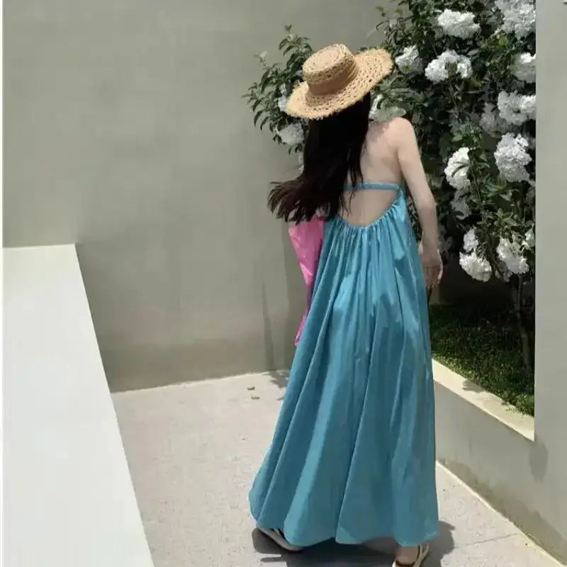 Summer Vacation Dress Thailand Style Open-back Halter Neck Age-reducing Photography Beach Long Dress Belted