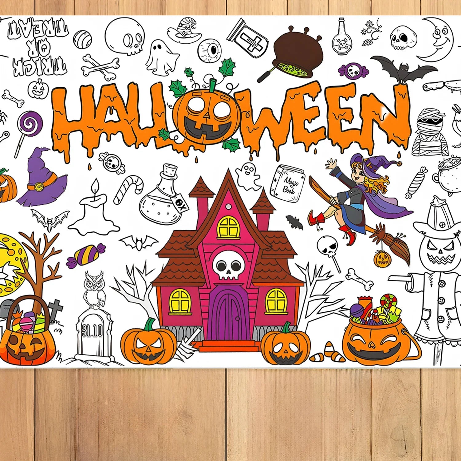 Halloween Coloring Poster for Kids Doodle Tablecloth/gift bag Cute Pumpkin Castle Background Decor Party Activity Art Paper Lootquake LLC