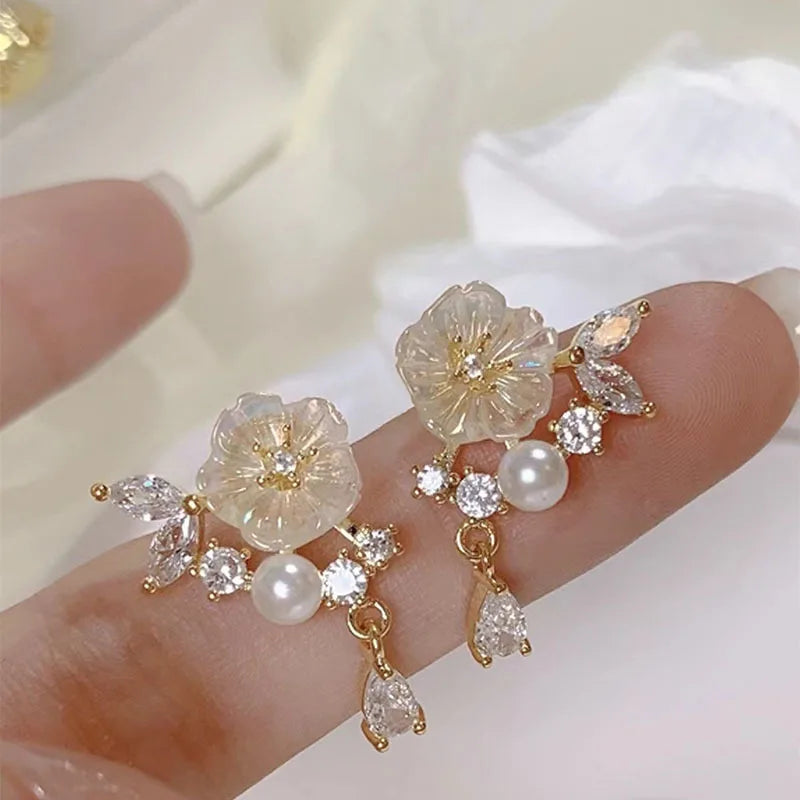 Kiss Jewelry Cute Sweet Flower Round Shape Pearl Rhinestone Stud Earrings for Women Tulip Floral Korean Fashion Earring Gift Lootquake LLC