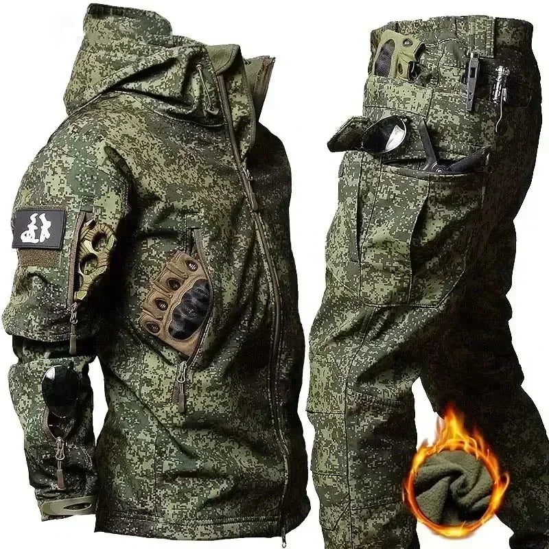Camo Winter Tactical Sets Men Shark Skin Soft Shell Hooded Jacket+Multi-pocket Straight Cargo Pant 2Pcs Suits Waterproof Set Lootquake LLC