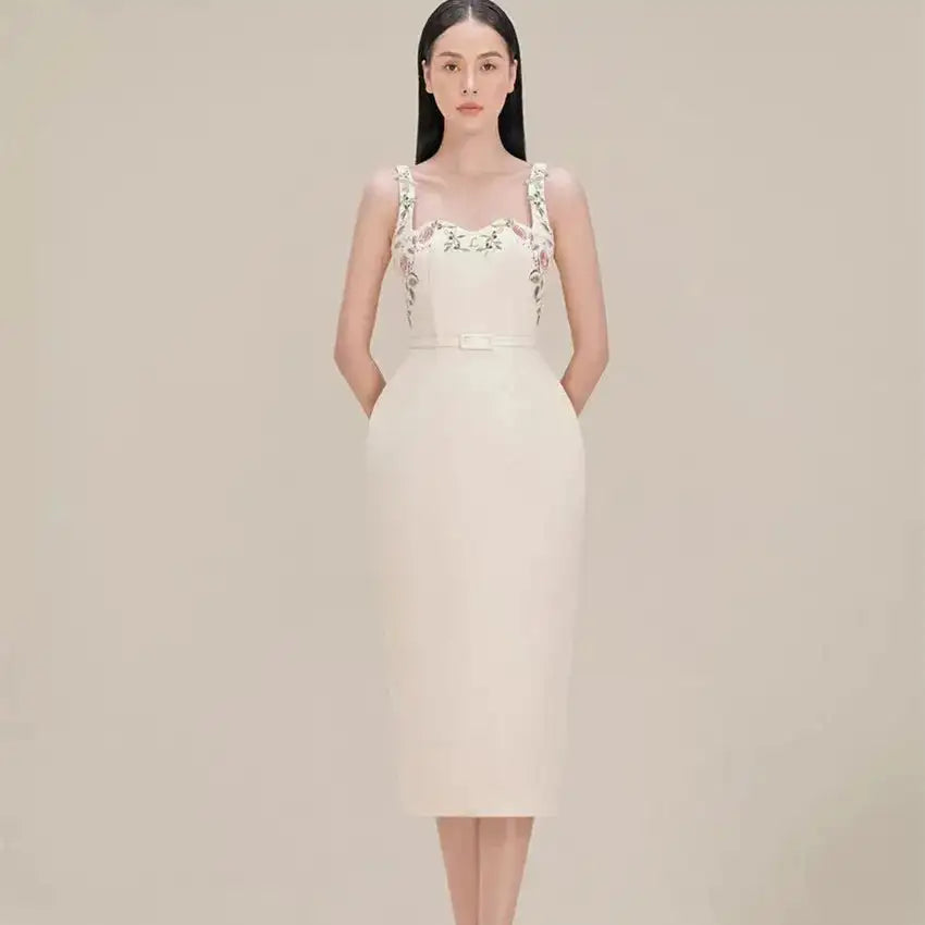 Runway Autumu Spaghetti Strap Bodycon Long Dress Sexy Women's Square Collar Embroidery Flower Sleeveless Tank Party Belt Dresses