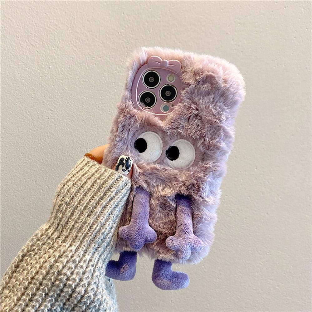 3D Cute Hairy Fluffy Fur Plush Winter Warm Phone Case For iPhone 14 13 12 11 Pro Max Plus Soft Cartoon Back Cover  Cute Fuzzy Furry Case Fashion Luxury Case Stevvex