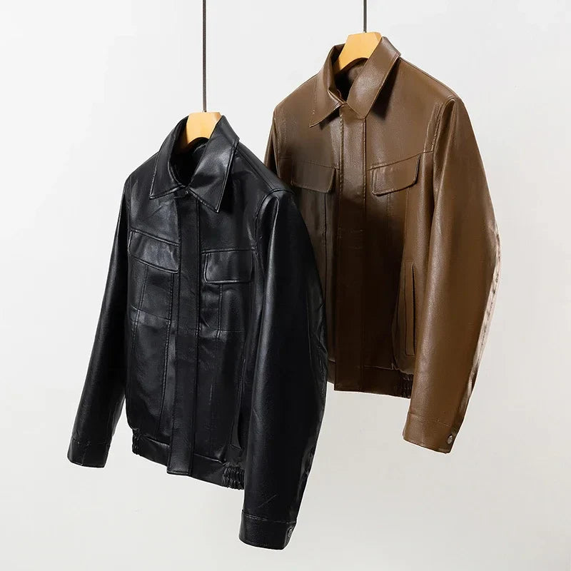 Men's Faux Leather Bomber Jacket Motorcycle Lapel Zip-Up Biker Coat Vintage Streetwear Black Brown Jacket Pi-Mart