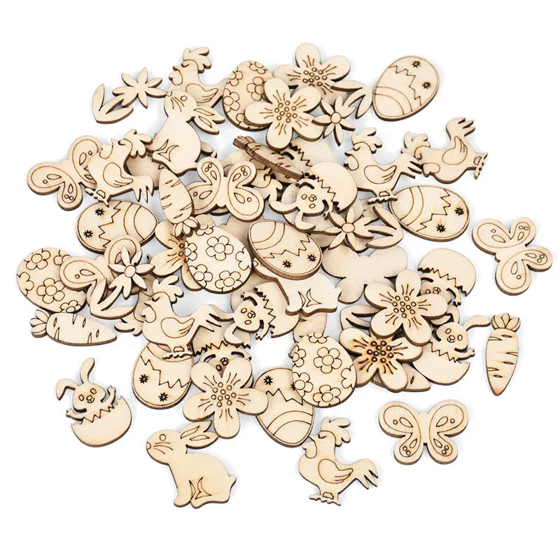 50pcs Easter Wooden Confetti Rabbit Carrot Eggs Kids Painting DIY Crafts Wood Slice 2025 Spring Easter Party Decoration For Home Lootquake LLC