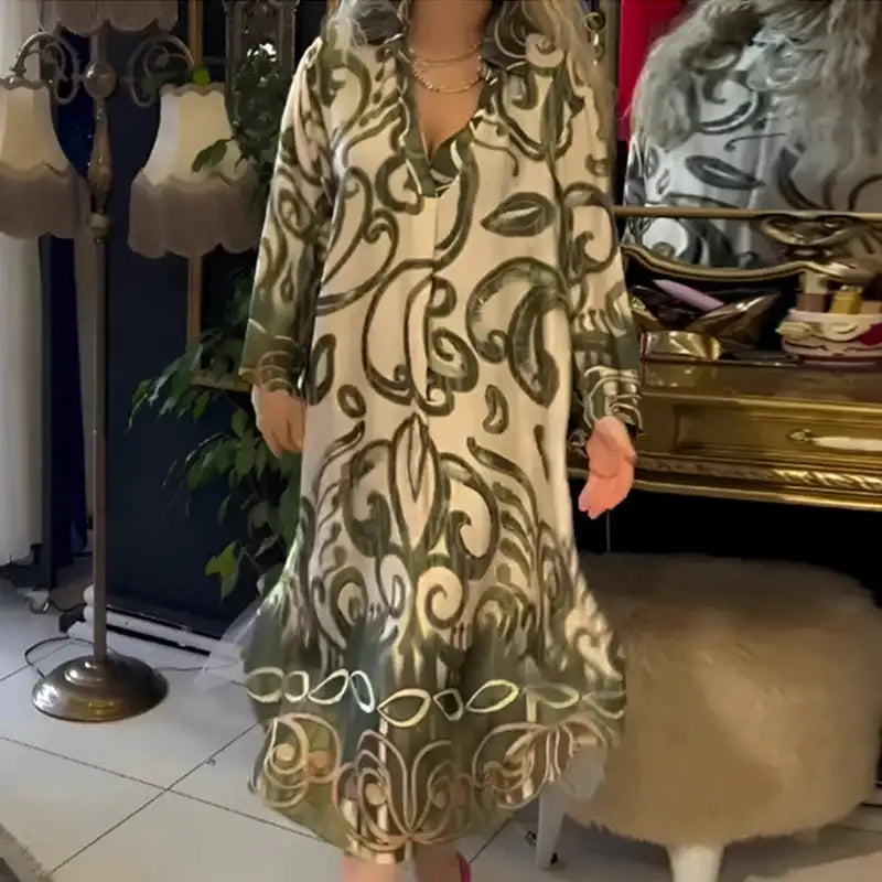 Vintage Fashion Printed V-neck Long Dress Women Spring Long-sleeved Loose Bohemian Dress Autumn Casual A-Line Maxi Dress Vestido