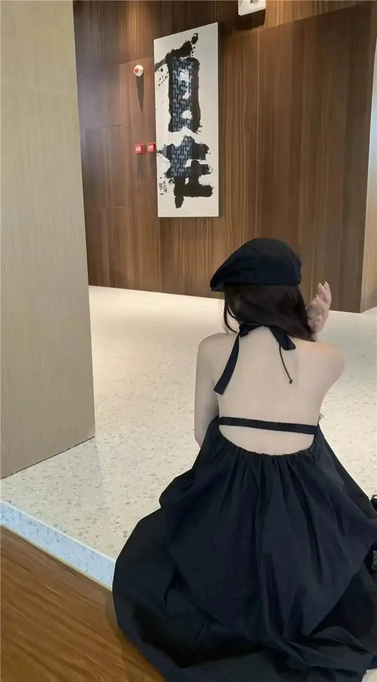Summer Vacation Dress Thailand Style Open-back Halter Neck Age-reducing Photography Beach Long Dress Belted