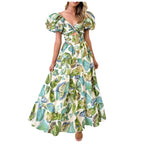 Summer V Neck Cutout Floral Print Dresses Elegant Women Puff Short Sleeve Casual Dress Pleated Waisted Swing Beach Long Dress