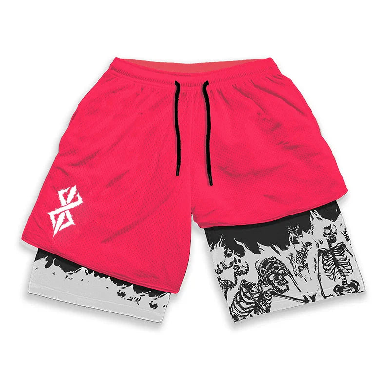 Berserk Skull Print 2 in 1 Running Workout Shorts
